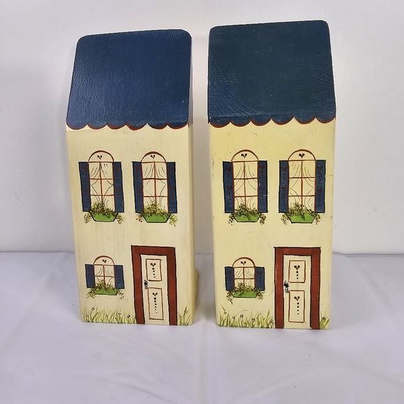 Vintage Wooden House Bookends 1980s Hand Painted Handmade 9.5" Tall - Picture 9 of 10